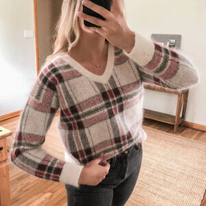 Lord & Taylor 424 Fifth Rabbit Hair Wool Blend Plaid Holiday V Neck Sweater M